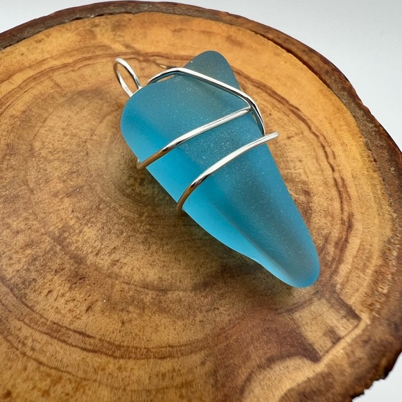 Turquoise Sea Glass Pendant with Silver Plated Wire Wrap - Picture 1 of 9